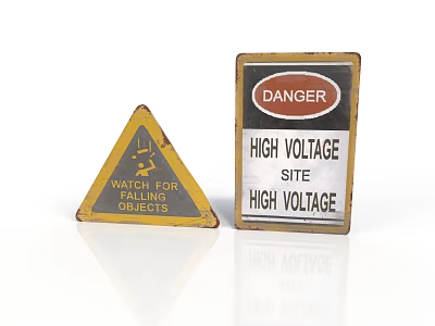 Vintage Metal Warning Signs Including Triangular Watch For Objects And Rectangular Danger High Voltage 3d model