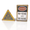 Vintage Metal Warning Signs Including Triangular Watch For Objects And Rectangular Danger High Voltage