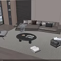 Modern Sectional Sofa and Coffee Table Set with Beige Upholstery Throw Pillows Round Table Magazines