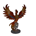 Phoenix Statue With Spread Orange Red Feathers And Blue Accents On Base 3d model
