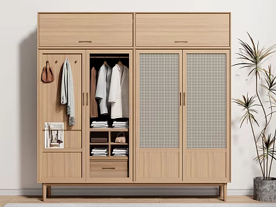 Modern Natural Wood Wardrobe Featuring Hanging Clothes Section Drawers and Mesh Panel Doors 3d model