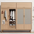 Modern Natural Wood Wardrobe Featuring Hanging Clothes Section Drawers and Mesh Panel Doors