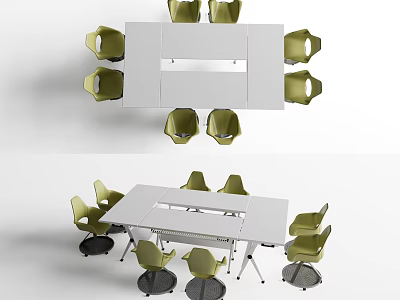 Modern White Foldable Desk Setup With Multiple Green Chairs Around It 3d model