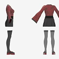 Red Kimono Style Top With Black Skirt Gray Thigh High Socks And Red Shoes