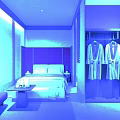 Warm Luxury Hotel Guest Room With Comfortable King Bed And Open Wooden Wardrobe Amenities