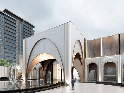 Modern Sales Office Building With Arched Structures Glass Facade And Water Feature Sculpture 3d model