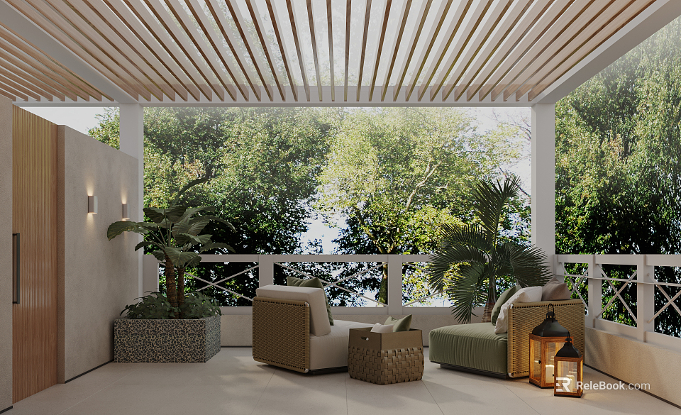 Home Balcony With Wooden Slat Ceiling Green Trees View Comfy Sofa And Potted Plants 3d model 