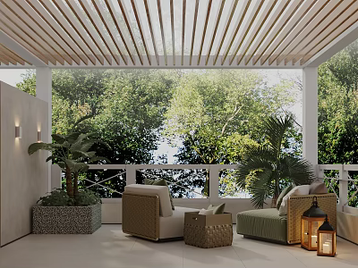 Home Balcony With Wooden Slat Ceiling Green Trees View Comfy Sofa And Potted Plants 3d model