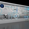 Laboratory Themed Art Installation with Gears Blue Lines and Circular Elements on Metallic Surface 3d model