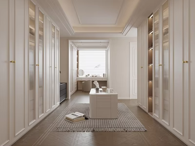 Modern Walk in Closet Interior With White Cabinets Open Shelving And Central Table 3d model
