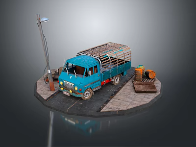 Blue Vintage Truck Miniature Scene With Street Lamp Oil Drum And Wooden Crate 3d model