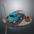 Blue Vintage Truck Miniature Scene With Street Lamp Oil Drum And Wooden Crate