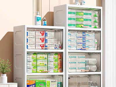 Household Supplies Organized in White Multi tier Storage Cabinets with Bottles and Boxed Items 3d model