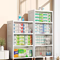 Household Supplies Organized in White Multi tier Storage Cabinets with Bottles and Boxed Items