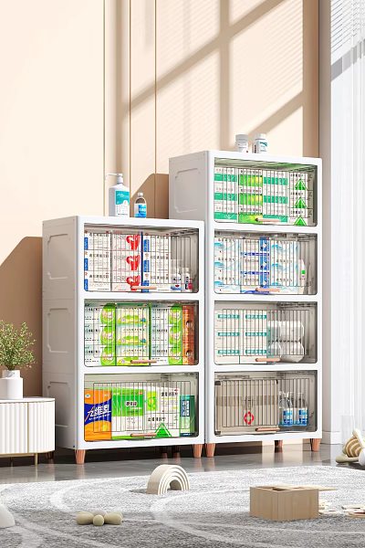 Household Supplies Organized in White Multi tier Storage Cabinets with Bottles and Boxed Items 3d model