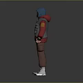 A Man wearing red hoodie gray vest brown pants white shoes blue hat red mask