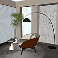 Casual Single Sofa Coffee Table Soft Bag Sofa Lazy Sofa Round Carpet Fishing Floor Lamp Venetian Curtain Green Plant Potted Plant 3d model