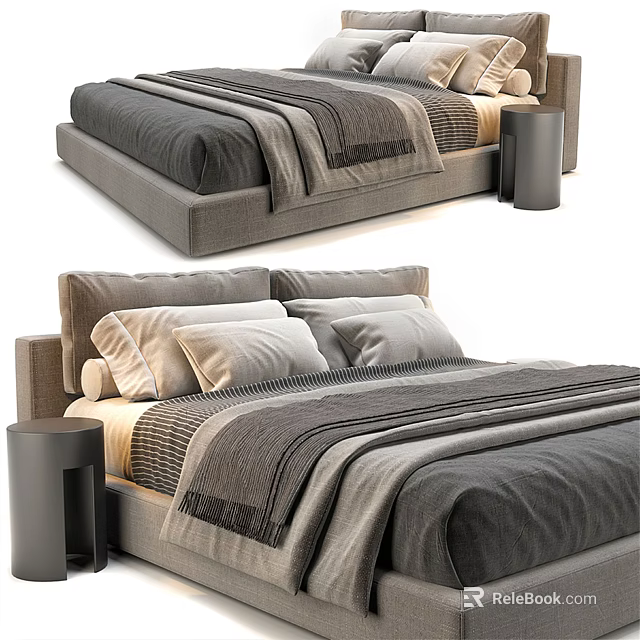 Modern Double Bed With Upholstered Headboard Soft Blankets Pillows And Nightstand 3d model 
