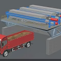 Industrial Conveyor Equipment With Yellow Guardrails And Red Truck Loading Granular Material