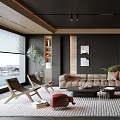 Modern Living And Dining Room Interior With Sofa Coffee Tables Rug Plants And Artworks