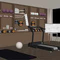 Modern Home Gym Space With Wooden Shelves Fitness Balls Treadmill And Yoga Mat