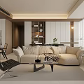 Modern Living Room Interior With Beige Sofa Black Chair Coffee Table Shelves And Soft Lighting