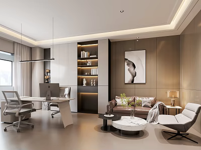 Modern Office Interior With Desk Computer Chair Sofa Coffee Table Bookshelf And Wall Painting 3d model