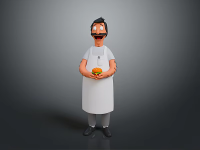 Cartoon Character Wearing White Apron Holding Burger As Kitchen Household Item 3d model