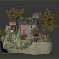 Cartoon Scene With Stone House Surrounded By Trees Small Shed Bicycle And Rocks