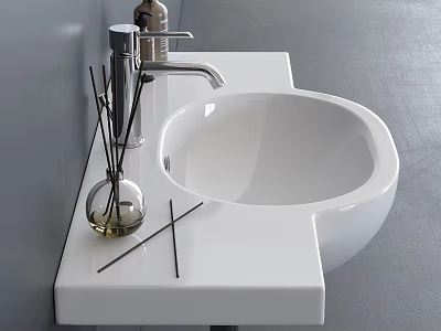 Modern Bathroom Washbasin With White Countertop Basin Sleek Faucet And Aromatherapy Decor In Grey Background 3d model