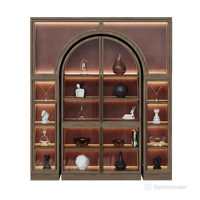 Elegant Display Cabinet With Arched Glass Doors And Lighting Showcasing Vases Sculptures And Bowls 3d model 