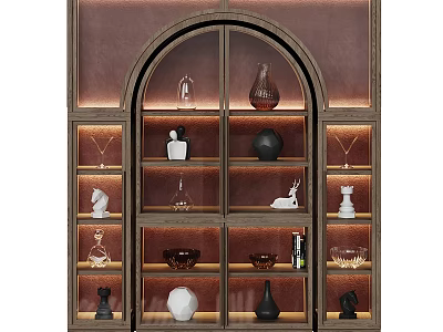 Elegant Display Cabinet With Arched Glass Doors And Lighting Showcasing Vases Sculptures And Bowls 3d model