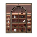 Elegant Display Cabinet With Arched Glass Doors And Lighting Showcasing Vases Sculptures And Bowls