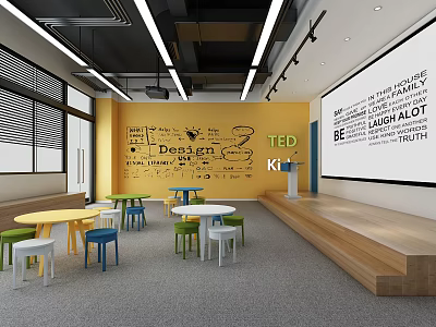 Modern Conference Room With Yellow Walls Colorful Chairs And TEDx Themed Wall Art 3d model