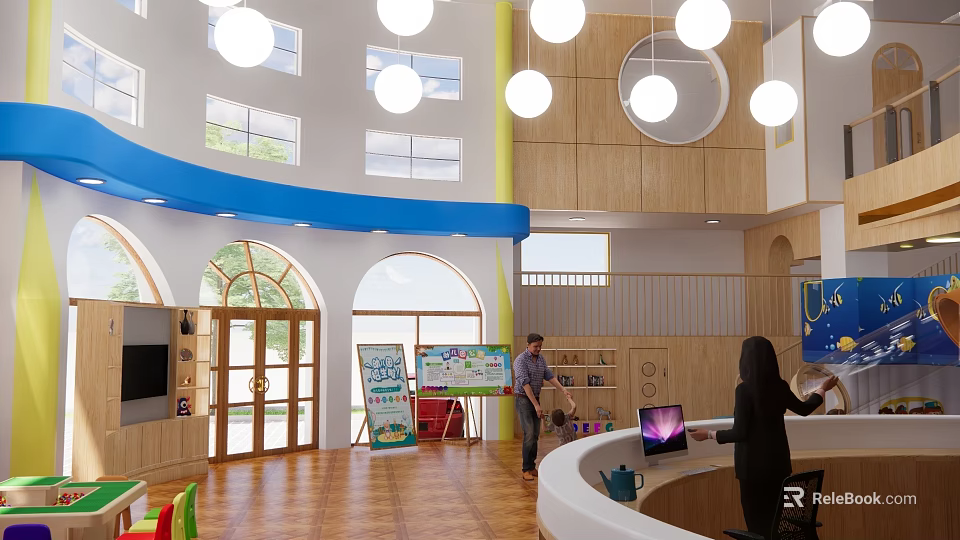 Bright Kindergarten Indoor Space With Round Windows Hanging Lights Wooden Decor And Teacher Child Interaction 3d model 