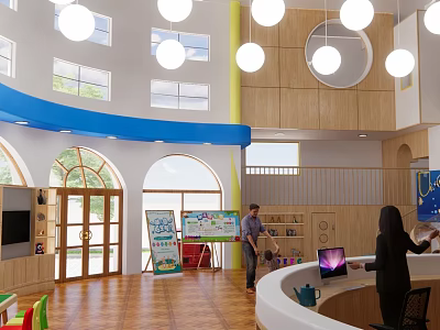Bright Kindergarten Indoor Space With Round Windows Hanging Lights Wooden Decor And Teacher Child Interaction 3d model