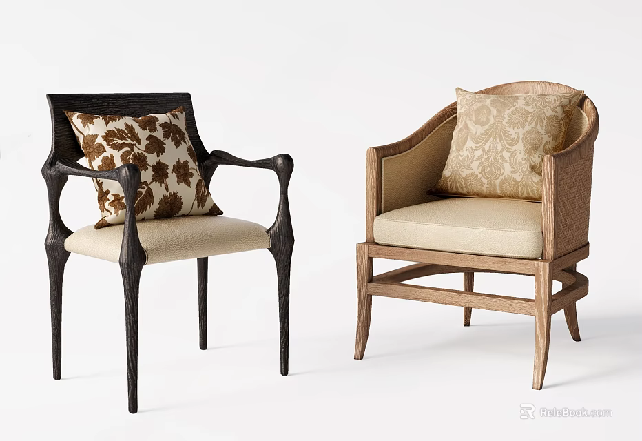 Stylish Accent Chairs with Black and Light Wood Frames Beige Cushions and Patterned Pillows 3d model 