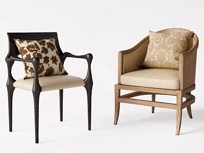 Stylish Accent Chairs with Black and Light Wood Frames Beige Cushions and Patterned Pillows 3d model