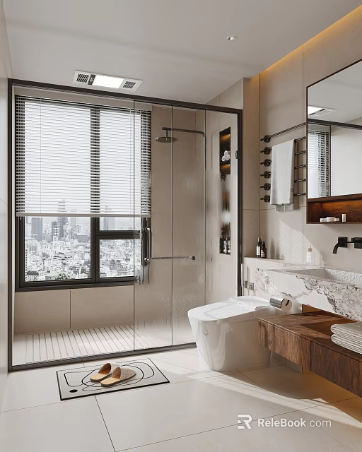 Modern Bathroom Interior With Glass Shower Enclosure Marble Vanity Mirror And City View Blinds 3d model 