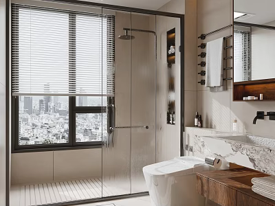 Modern Bathroom Interior With Glass Shower Enclosure Marble Vanity Mirror And City View Blinds 3d model