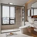 Modern Bathroom Interior With Glass Shower Enclosure Marble Vanity Mirror And City View Blinds