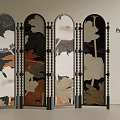 Elegant Screen Style Room Divider With Black Frame And Colorful Leaf Patterns 3d model