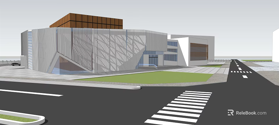 Modern Commercial Complex With Geometric Facade Green Lawn And Street Entrance 3d model 