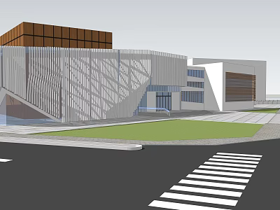 Modern Commercial Complex With Geometric Facade Green Lawn And Street Entrance 3d model