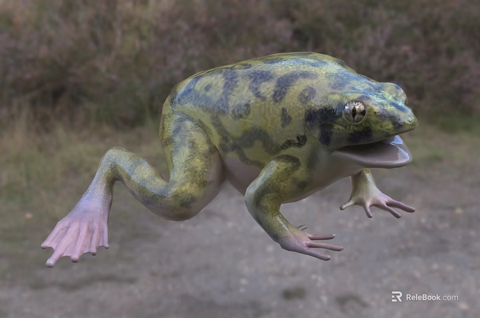 Green Black Spotted Reptile Lizard With Open Mouth And Extended Limbs On Grassland Soil 3d model 