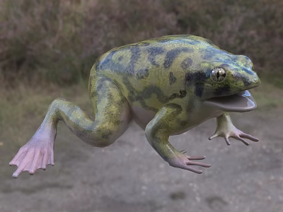 Green Black Spotted Reptile Lizard With Open Mouth And Extended Limbs On Grassland Soil 3d model