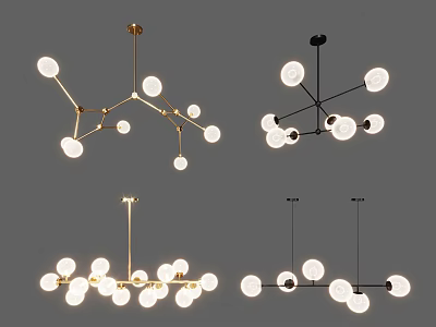 Modern Chandelier Designs With Gold Black Metal Frames And Spherical White Bulbs 3d model