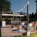 Cozy Outdoor Garden Landscape With Fire Pit Gray Sofa TV Screen And String Lights
