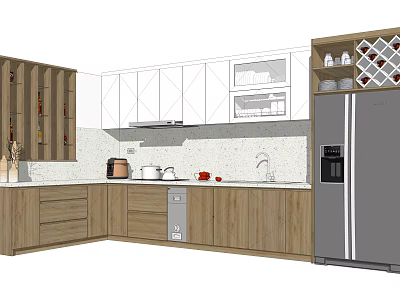 Wooden Kitchen Cabinets With White Wall Units Wine Rack Countertop And Stainless Steel Refrigerator 3d model