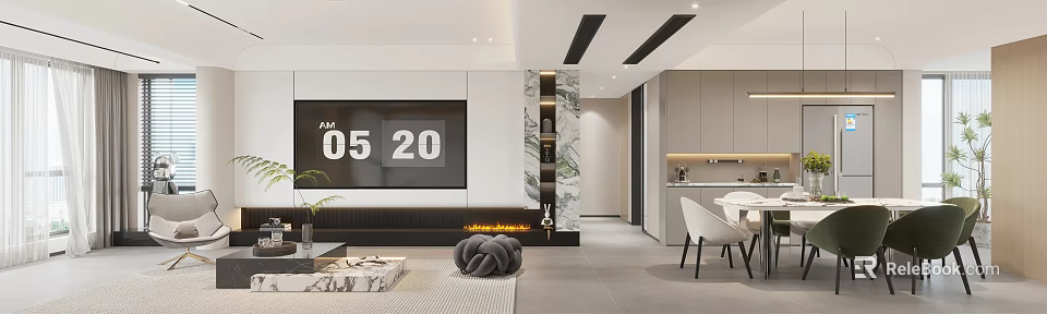 Modern Dining Living Room Interior With Sofa TV Wall And Dining Table Chairs 3d model